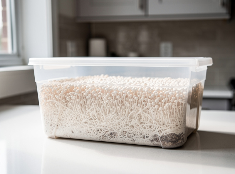 A clear plastic monotub on a kitchen counter with a fully colonised white mycelium block inside, ready for fruiting conditions