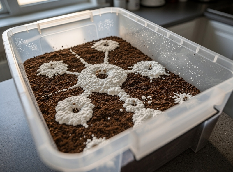 A beginner mushroom monotub on day 14 showing partial white mycelial colonisation spreading across the substrate surface from inoculation points