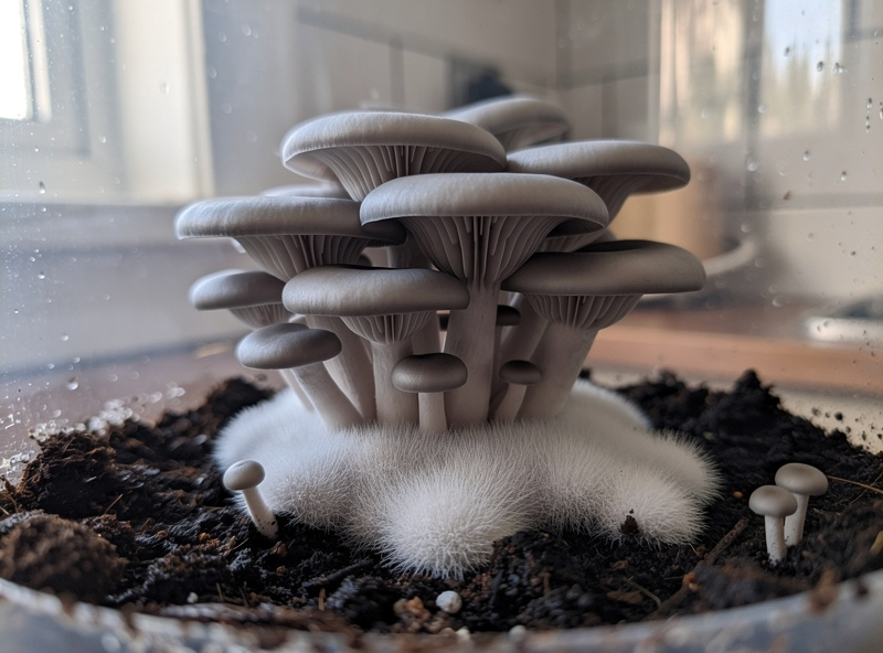 First flush of pearl oyster mushrooms emerging from a beginner monotub at home, soft pearl-grey caps in a cluster with visible white mycelium