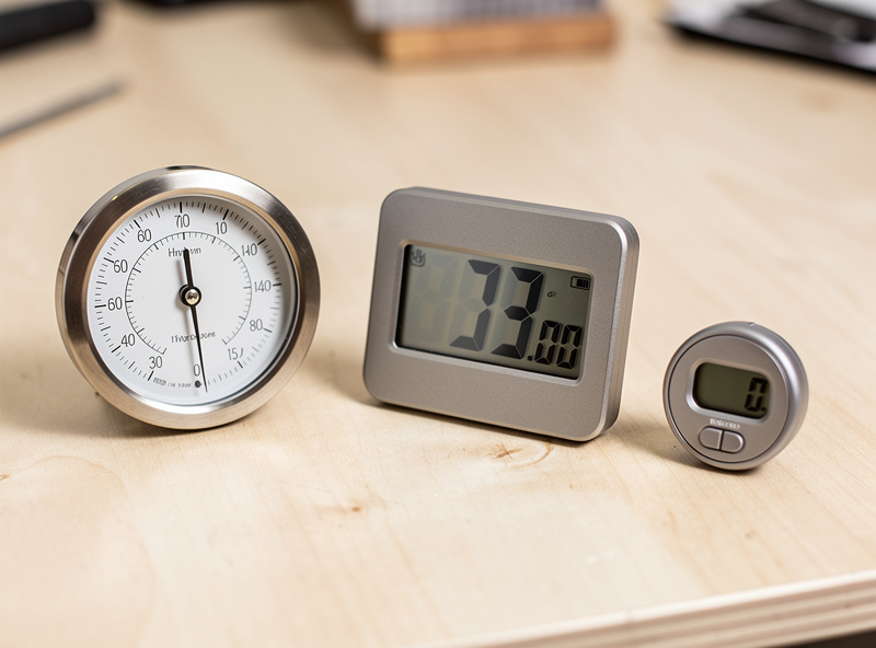 Three different hygrometer styles compared on a wooden workbench: analog dial, rectangular digital with LCD, and small button-style sensor
