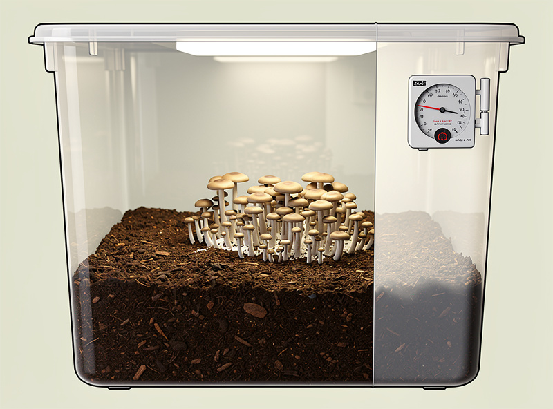 Cross-section view of a monotub mushroom chamber showing optimal hygrometer placement halfway up the chamber wall at fruiting body level