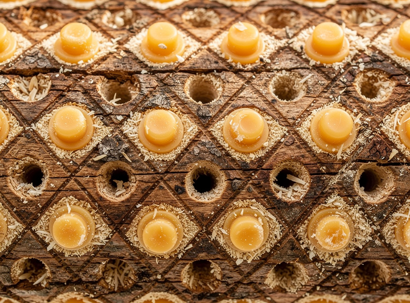 Macro photograph of an oak mushroom log showing inoculation pattern of drilled holes filled with sawdust spawn and sealed with beeswax