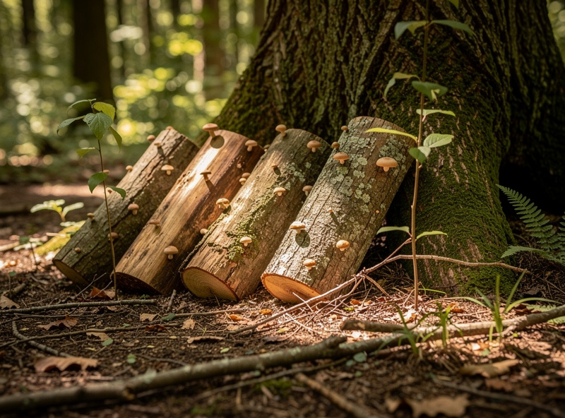 A row of inoculated hardwood mushroom logs leaning against a large forest tree in dappled shade with woodland floor visible