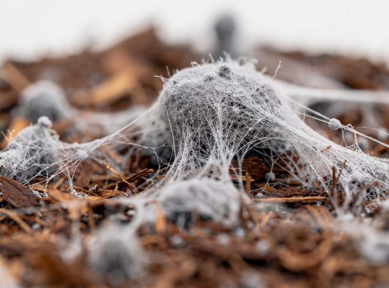 Macro photograph of cobweb mold contamination on a mushroom substrate, fluffy gray-white spider-web fungal growth
