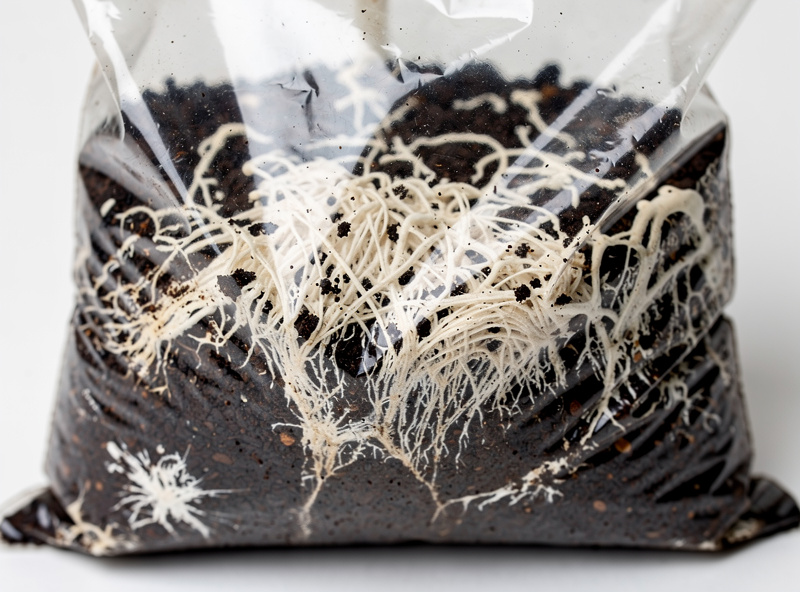 Macro photograph of dark used coffee grounds in a clear plastic bag with bright white oyster mushroom mycelium colonizing the surface