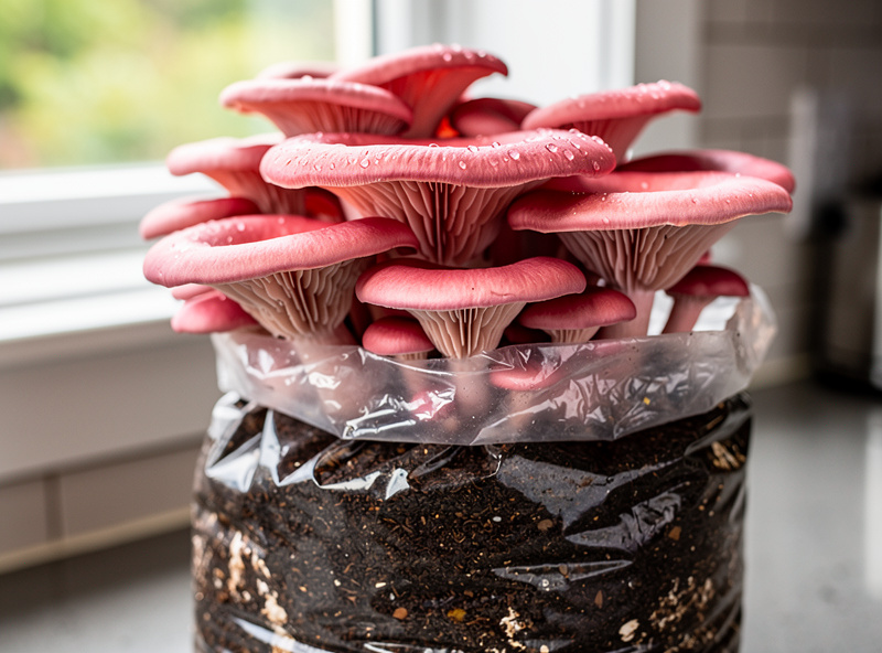 Cluster of vibrant pink oyster mushrooms fruiting from a clear plastic bag of used coffee grounds in a kitchen window setting