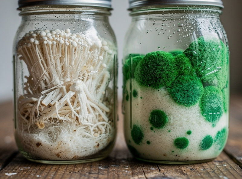 Side-by-side glass jars showing healthy white mushroom mycelium on the left and green trichoderma contamination on the right