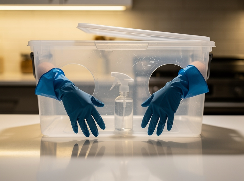 Home still air box made from a clear plastic tote with arm holes and gloves attached, used for sterile mushroom transfers