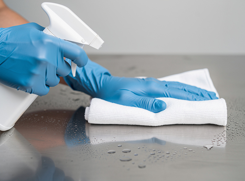 Mushroom grower in nitrile gloves wiping a sterile work surface with isopropyl alcohol during contamination recovery