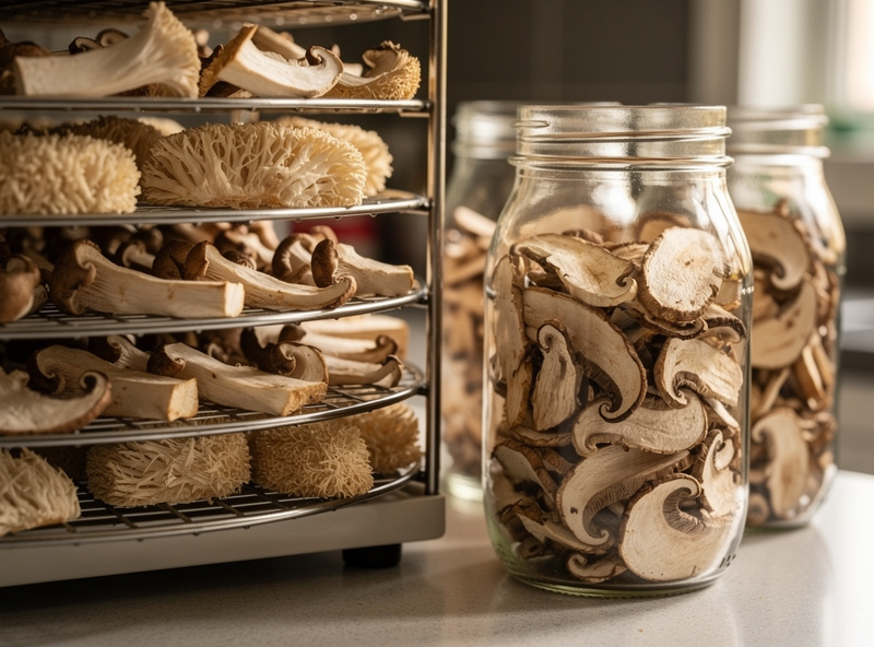 Dehydrator trays holding sliced lion's mane and oyster mushrooms drying at low temperature, with finished dried mushroom slices in mason jars on the counter beside