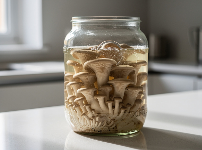 A glass fermentation jar with fresh oyster mushrooms in brine, weighted with a glass disc, on a kitchen counter for lacto-fermentation
