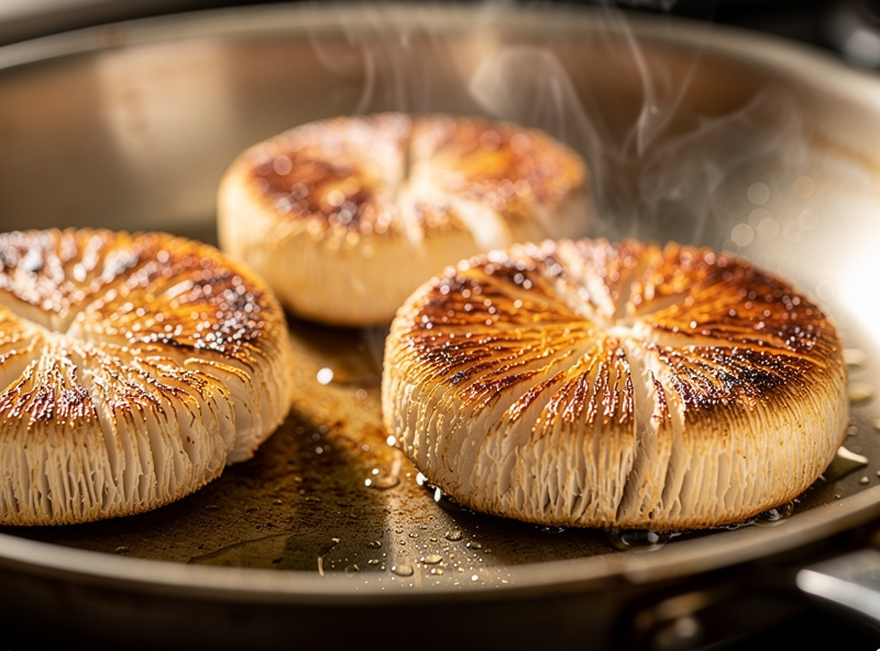 Sliced lion's mane mushroom being seared in a dry stainless steel pan over medium-high heat showing golden caramelised surface