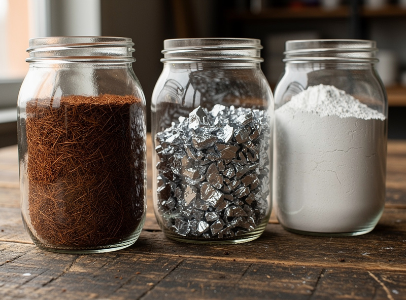 Three glass mason jars on a wooden bench showing compressed coco coir brick, silver vermiculite chunks, and white gypsum powder ingredients