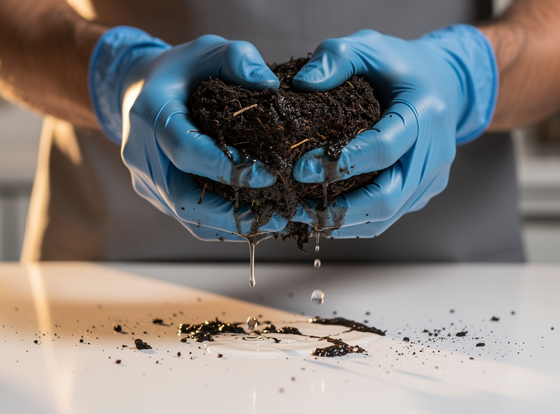 Hands in blue nitrile gloves squeezing dark wet CVG substrate showing two drops of water dripping out demonstrating field capacity