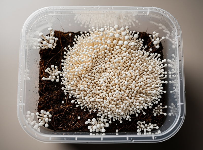 Top-down view of a clear plastic monotub fully colonized with bright white mushroom mycelium across dark CVG coco coir substrate with healthy pinning beginning at the edges