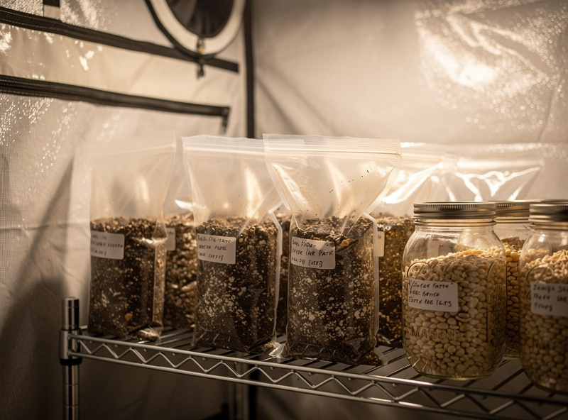 Mason jars filled with mushroom grain spawn and filter patch grow bags arranged on a shelf in a home cultivation tent