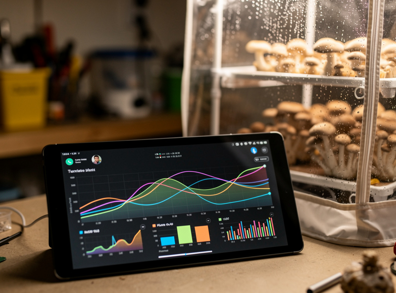 Home Assistant dashboard on a tablet displaying live temperature and humidity graphs from multiple mushroom fruiting chamber sensors