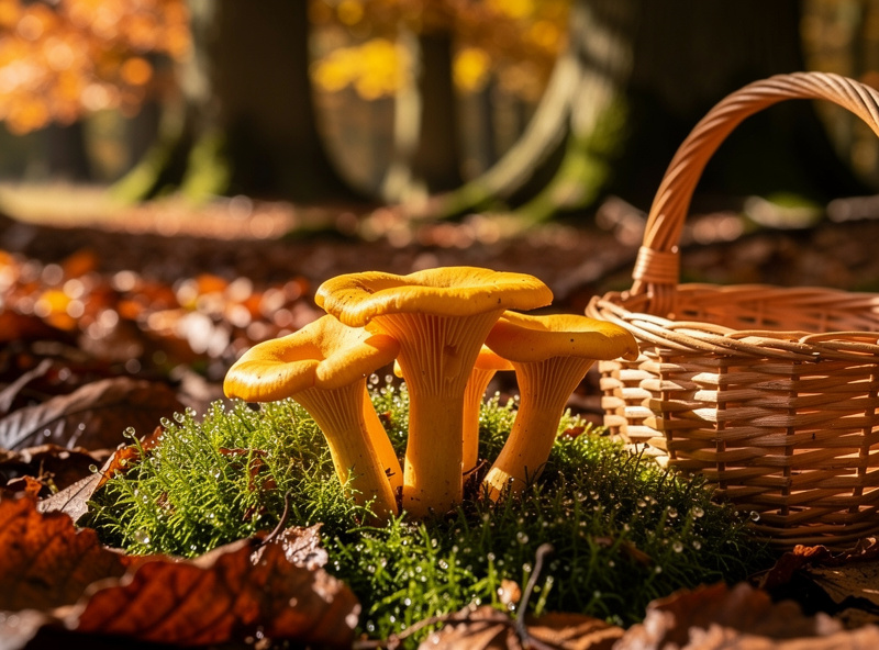 Yellow chanterelle mushrooms growing among forest leaf litter under oak trees in autumn, photographed at ground level with a forager's basket nearby