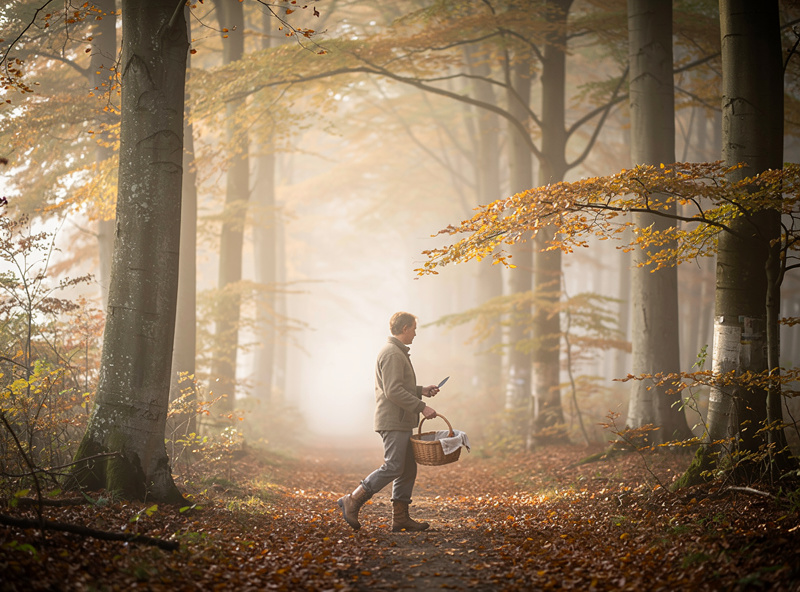 A forager wearing a cloth-lined wicker basket walking through a forest of beech and oak trees on a misty autumn morning, holding a small paring knife