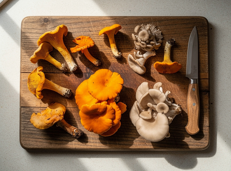 A collection of foraged wild mushrooms — chanterelles, chicken of the woods, hen of the woods, oysters — arranged on a wooden cutting board after a successful autumn forage walk