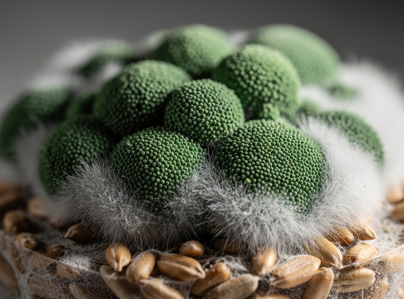 Macro close-up of pure Trichoderma green mold colonies on grain substrate showing emerald green spore patches with white spreading edges