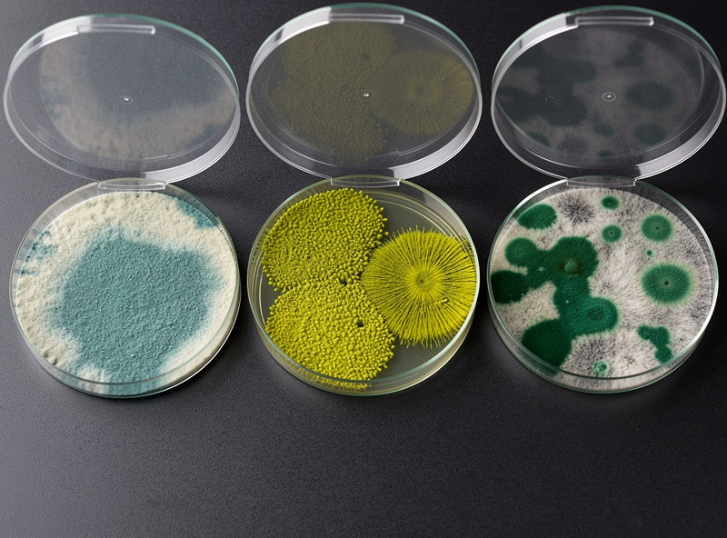 Three petri dishes side by side showing the visual differences between Penicillium with dusty blue-green powder, Aspergillus with yellow-green texture, and Trichoderma with emerald green patches