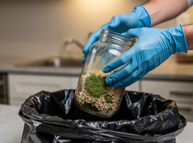 Hands in blue nitrile gloves placing a contaminated grain spawn jar with green mold into a sealed black contractor trash bag