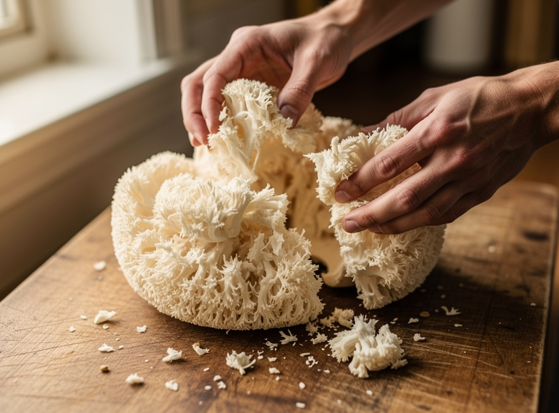 Hands tearing a fresh whole Lions Mane mushroom into rough crab-cake-sized chunks on a wooden cutting board showing the white shaggy hedgehog texture