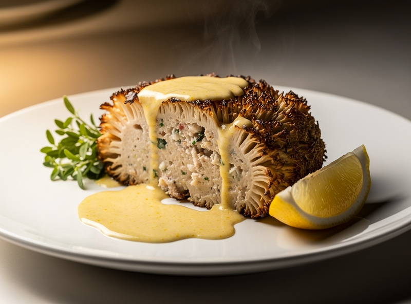 Pan-seared golden brown Lions Mane mushroom steak on a white plate with lemon wedge and butter sauce drizzled over the top showing meaty crab-cake-like texture