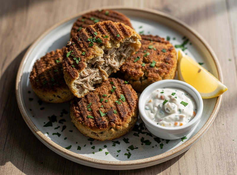 Top-down view of homemade Lions Mane mushroom crab cakes on a small plate with tartar sauce ramekin showing golden crispy outside with shredded mushroom flesh visible inside