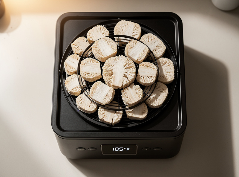 Black food dehydrator with multiple stacked trays loaded with sliced fresh Lions Mane mushroom pieces ready for low-heat drying