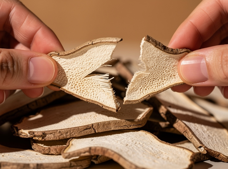 Macro close-up of perfectly dried mushroom slices that snap cleanly when bent, hands holding a piece that breaks crisp showing brittle dry texture