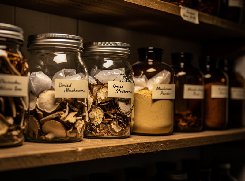 Glass mason jars and amber pharmacy bottles on a wooden shelf containing dried mushroom pieces and powder with silica gel packs visible inside