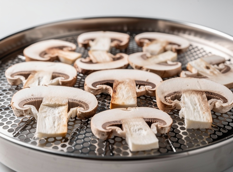 Macro photograph of evenly sliced mushroom pieces arranged on a perforated stainless steel dehydrator tray during the drying process