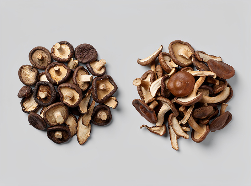 Side-by-side comparison of properly dried cracker-crisp dark brown mushroom slices on the left versus improperly dried still-leathery pliable mushroom slices on the right