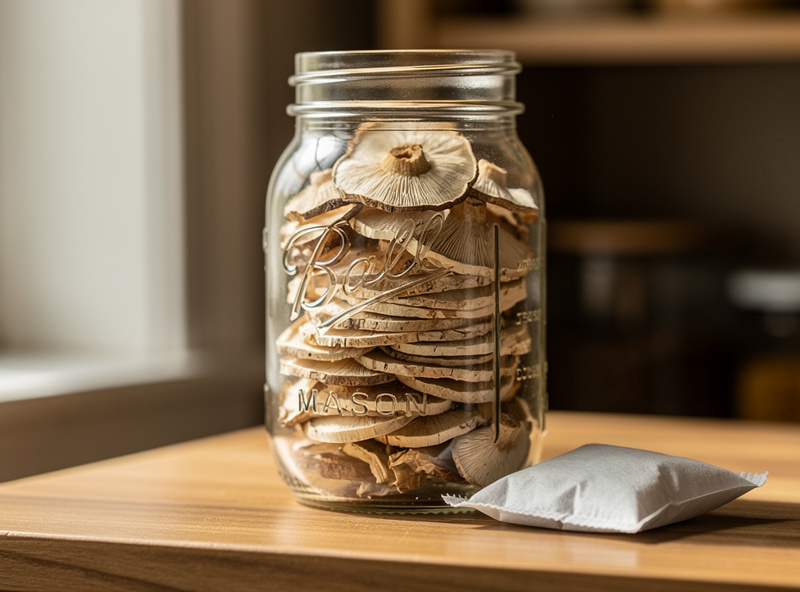 Clear glass mason jar filled with dried mushroom slices alongside a small silica gel desiccant packet on a kitchen pantry shelf