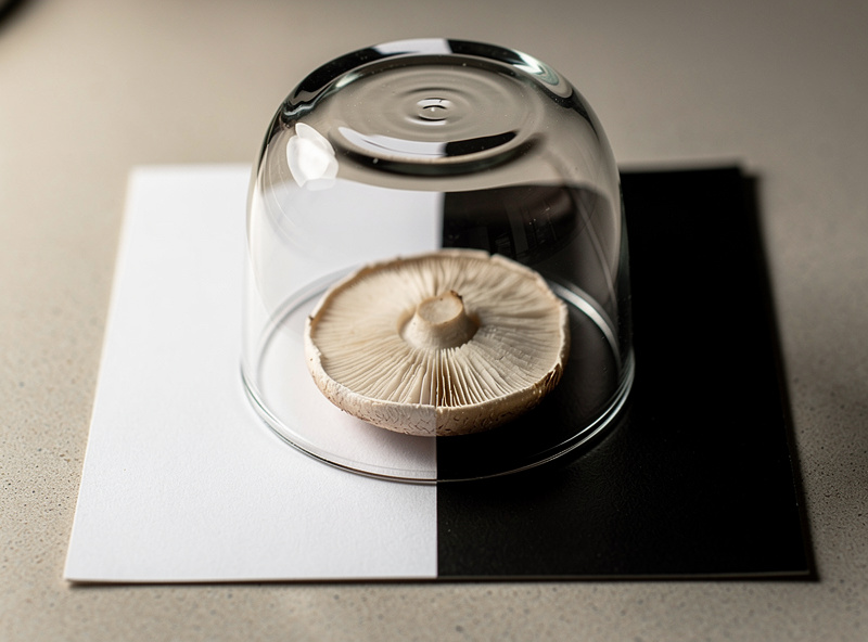 Top-down macro view of a fresh mushroom cap placed gills-down on half-white-half-black paper card with a glass cup covering it