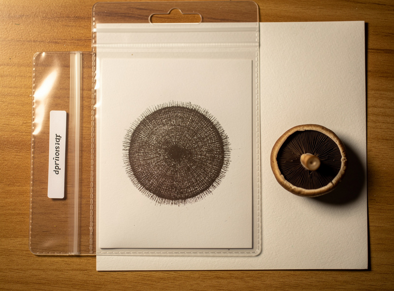 Top-down view of a completed dark brown mushroom spore print on white paper stored in a labeled glass envelope and clear archival sleeve