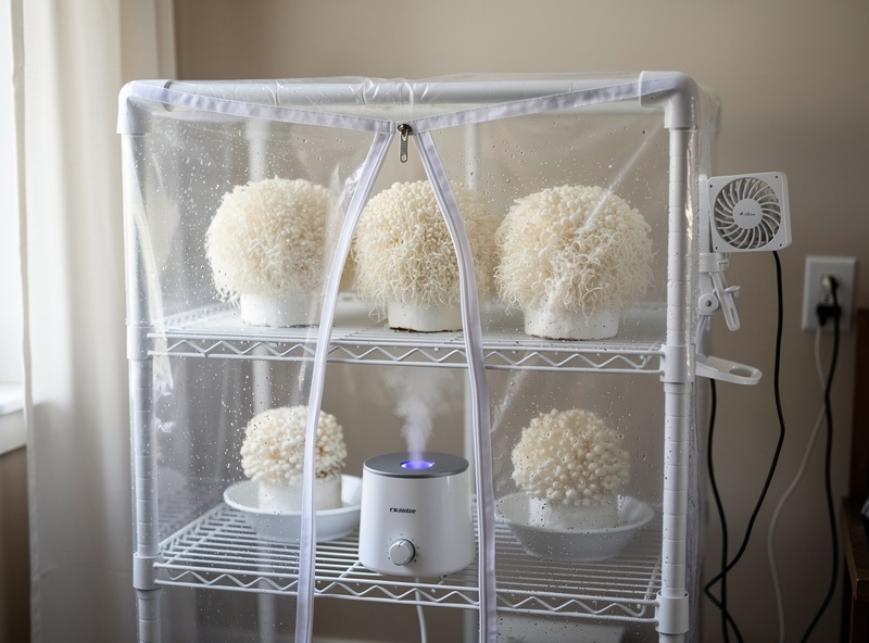 Small home Martha-style fruiting chamber with PVC frame and clear polythene, lion's mane blocks inside, humidifier and fan visible