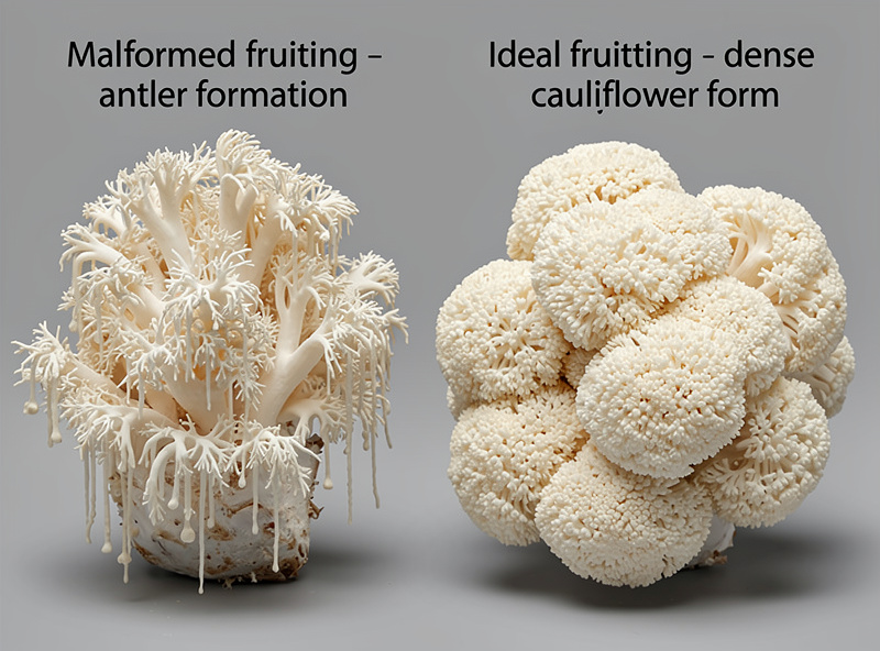 Two lion's mane mushroom clusters compared: malformed antler-shape on left, perfect dense cauliflower on right