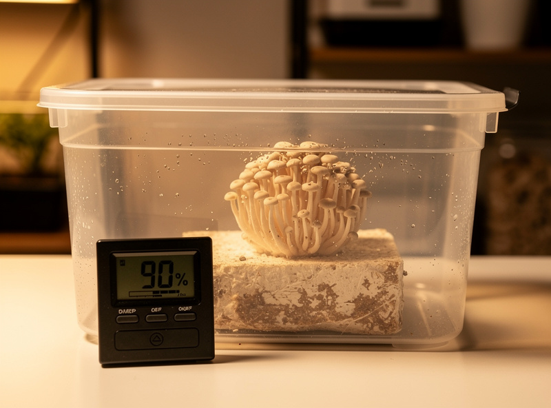 Small mushroom fruiting chamber with hygrometer reading 90 percent humidity and a young lion's mane mushroom developing in a clear plastic monotub