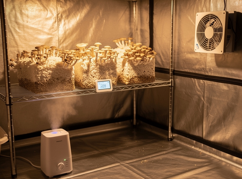 Home medicinal mushroom cultivation tent with shelving, humidity controller, and fresh air exchange fan