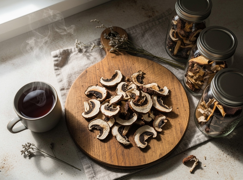 Dried medicinal mushroom slices and jars on a wooden kitchen counter alongside a cup of mushroom tea