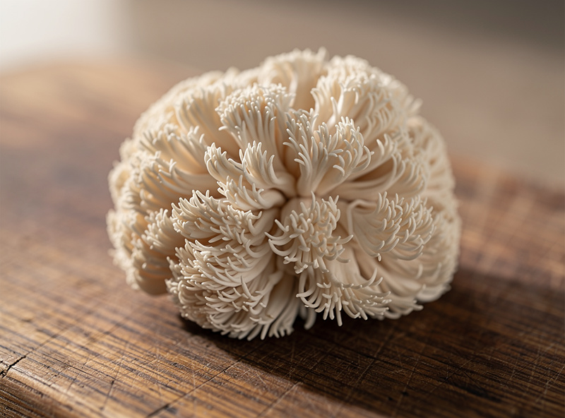 Close-up of fresh lions mane mushroom on a wooden cutting board