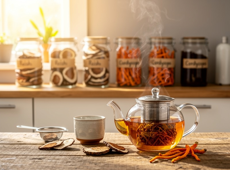 Reishi mushroom slices and cordyceps in glass jars on a sunlit kitchen shelf
