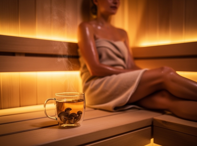 Person in an infrared sauna with a glass of mushroom tea on the bench beside them