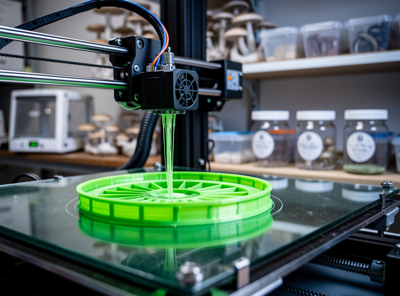 3D printer mid-print extruding green PETG into the shape of circular filter holder on print bed with finished mushroom growing equipment visible in background