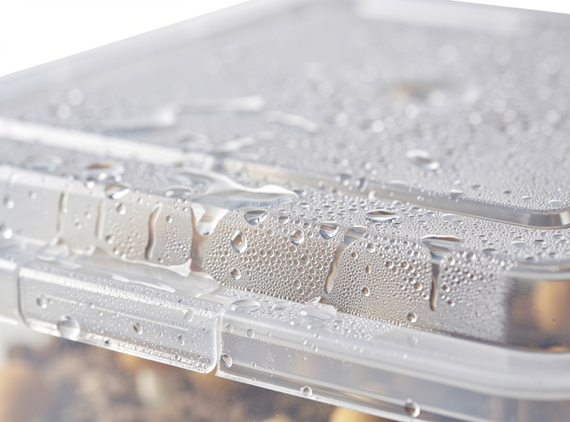 Macro photograph showing heavy condensation droplets and water beading inside a clear monotub fruiting chamber lid indicating poor fresh air exchange