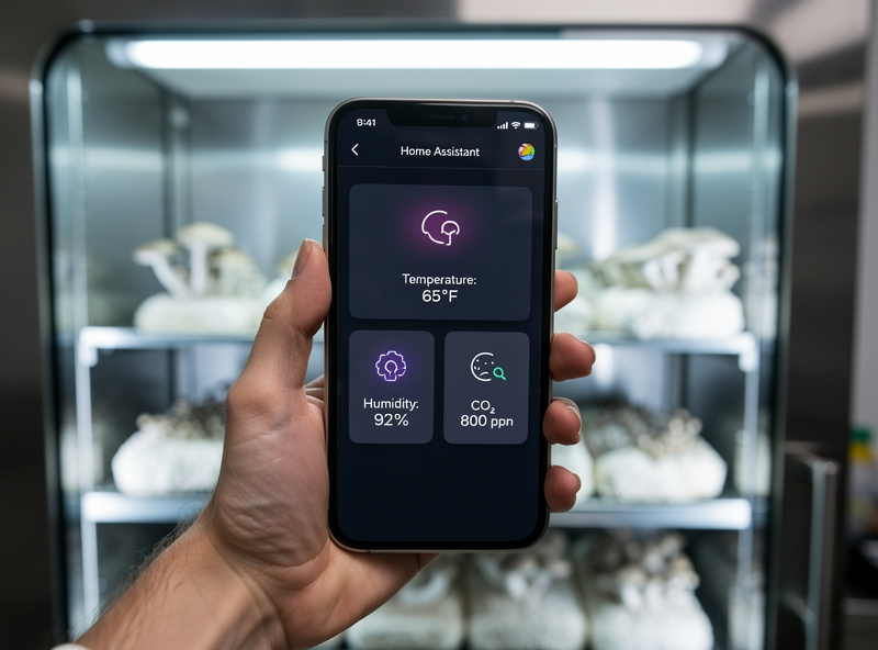 Smartphone showing Home Assistant dashboard with mushroom chamber temperature humidity and CO2 readings