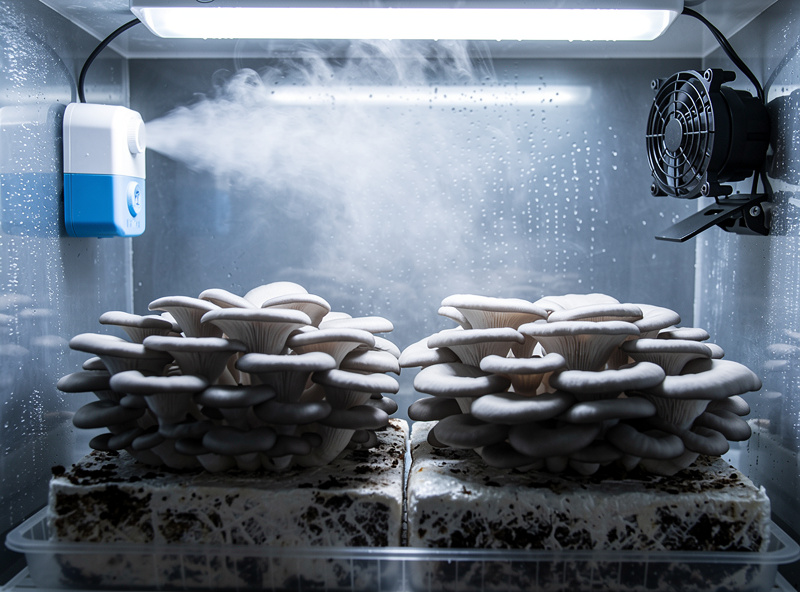 Ultrasonic humidifier and fan inside mushroom fruiting chamber with oyster mushrooms growing